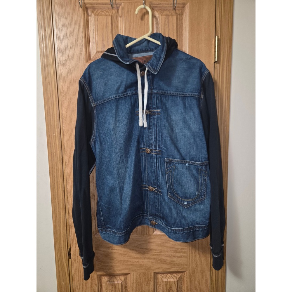 True Religion Mens XXL Denim Hooded Trucker Jacket Blue Black Mixed Media Cinch